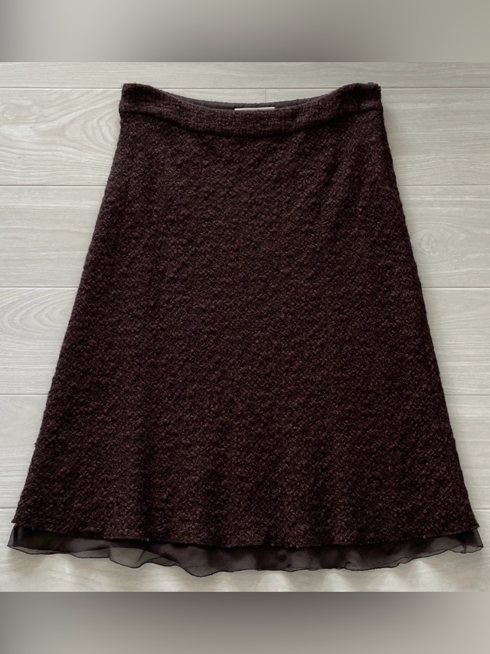 Prada Brown Textured Bouclé Wool Blend ALine Midi Skirt Chiffon LinedChiffon Hem - Picture 11 of 11